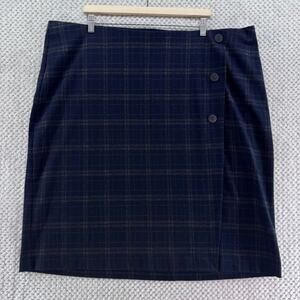 J Jill Skirt Womens Plus 3X Blue Brown Plaid Knee Length Faux Wrap Academia
